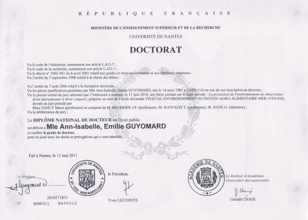 Diplome Doctorat Ann-Isabelle GUYOMARD,Université de Nantes, 2010.