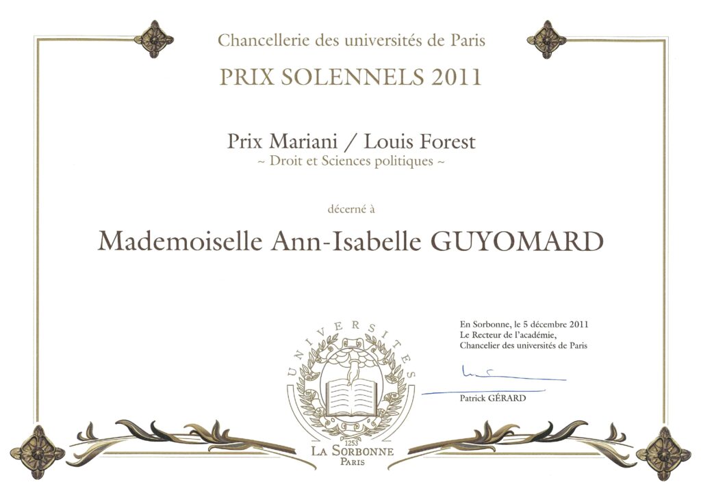 1er Prix national d'Excellence, Ann-Isabelle GUYOMARD, Droit de la Mer, Chancellerie des Universités de Paris, 2011.