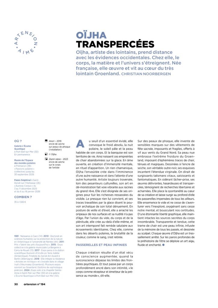Portrait Oïjha - Artension Magazine n°194 par Christian Noorbergen. Texte.